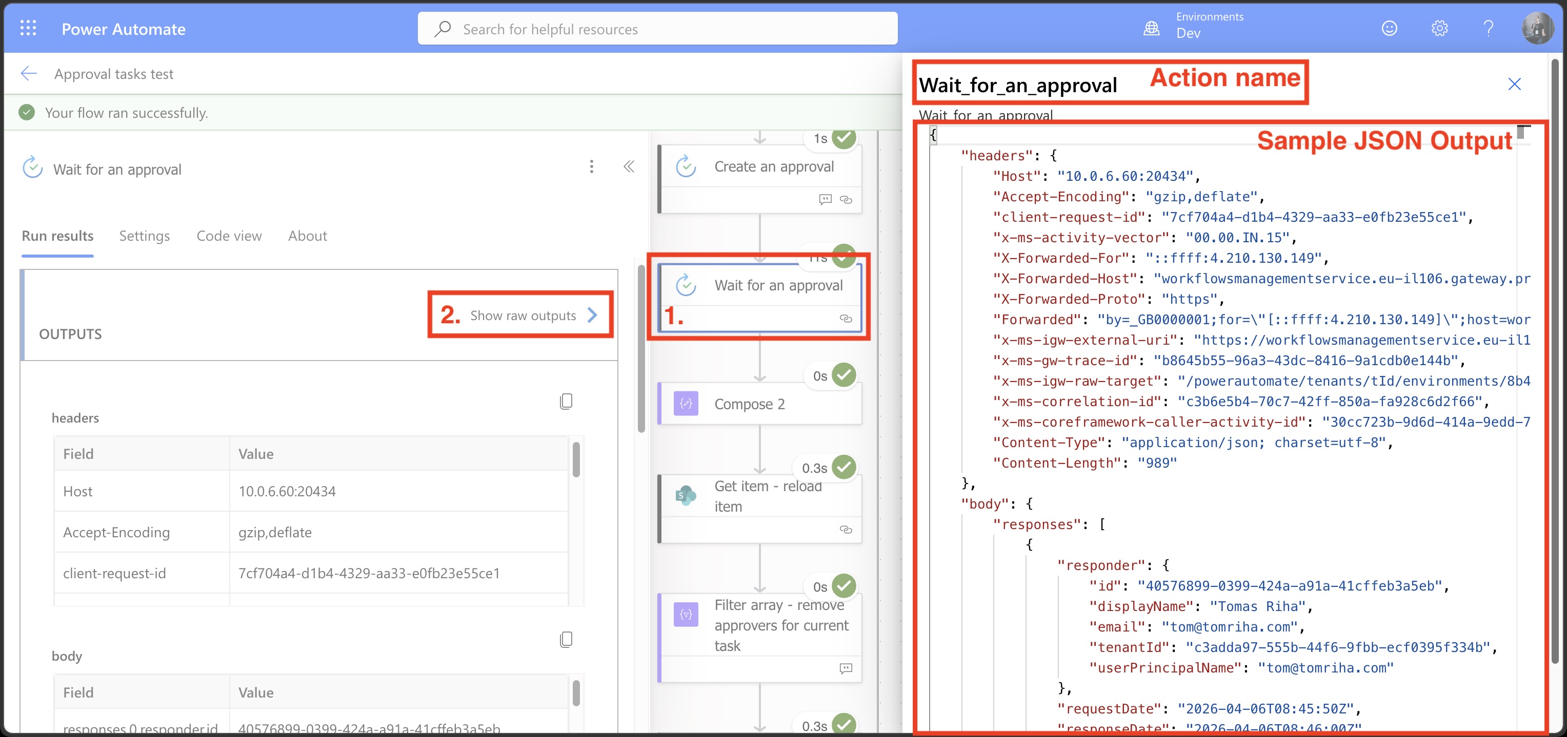 Step-by-step instructions: enter action name, paste JSON, click Use on a value to copy the expression