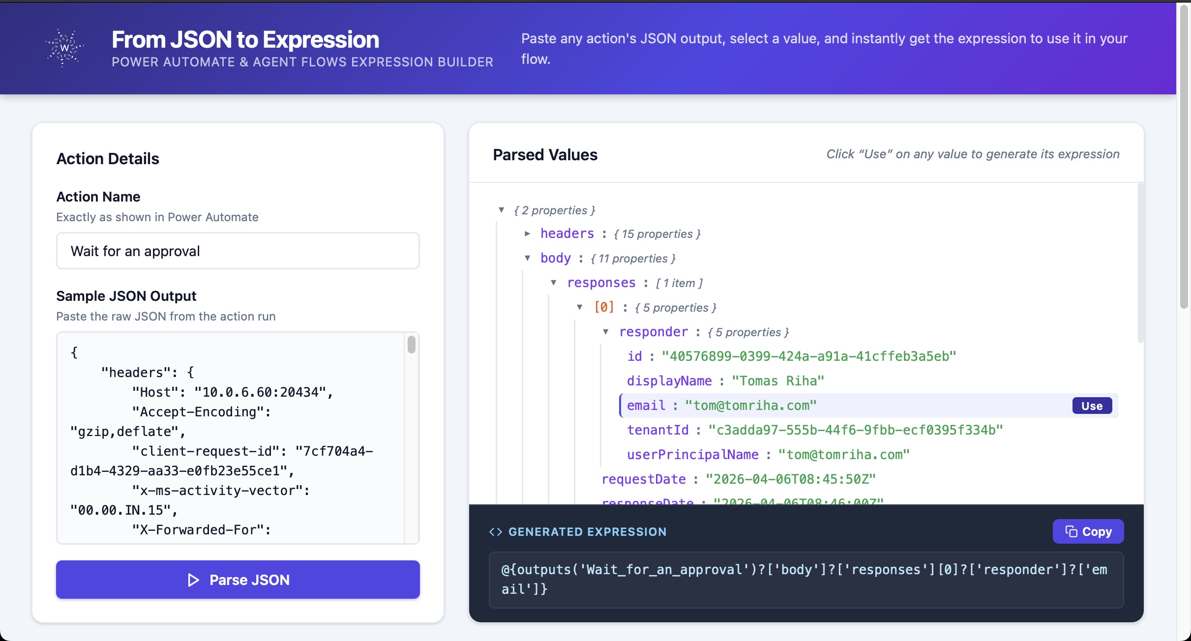 Sample action output JSON